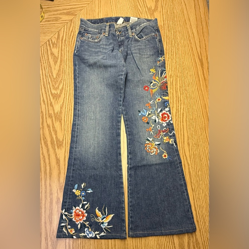 Lucky Brand Blue Denim Flare Jeans with Floral Embroidery - Picture 4 of 15